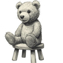 Cute Pencil Sketch Teddy Bear on Stool - Vintage D
