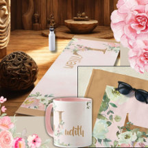 Elegant gold monogram watercolor pink floral name