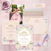 Classy Princess Pink Blue Floral Quinceanera Party