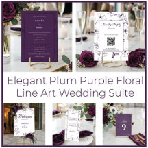 Elegant Plum Purple Floral Line Art Wedding Suite