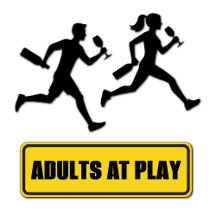 Adults at Play Yellow Road Sign Man Woman Jogging