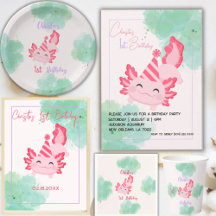 Cute Pink Axolotl 1st Birthday Party Invitation
