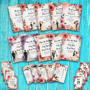 Invitation Élégant Floral Dusty Rose marié et Mariage de cham