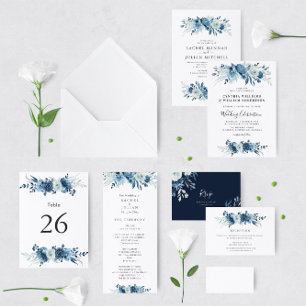 Invitation élégante fleurs bleu mariage