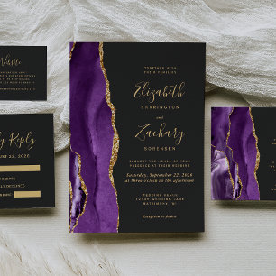 Moderne violet Or Agate Faire-part de mariage fonc