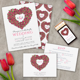 Invitation Rouge tulipes coeur mariage tout-en-un plié
