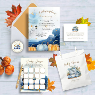 Carte D'accompagnement Baby shower D'Automne Citrouille Bleu Et Or