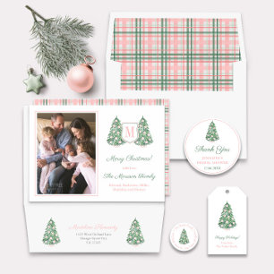 Cartes Pour Fêtes Annuelles Preppy Pink Green Monogram Joyeux Noël Photo