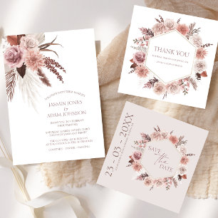 Invitation Boho Dusty rose Fleurs séchées Mariage de couronne