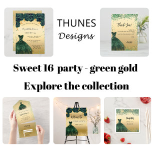 Sweet 16 vert émeraude robe or invitation