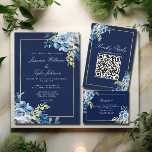 Cartons Réponse Marine Blue Gold Floral Elegant Qr Code Mariage