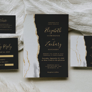 Invitation Agate moderne Gris Blanc Or Mariage foncé