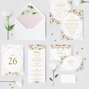 Invitation élégant cadre géométrique mariage floral rose pâle