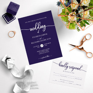 Invitation Élégant Mariage bleu marine Script