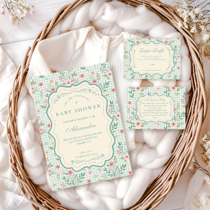 Invitation Baby-Shower Antique à Fleurs en Bordure Ondulée