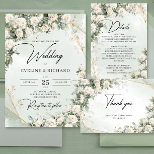 Carte D'accompagnement Rose blanche anglaise vert eucalyptus et or