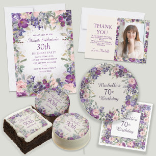 Carte De Remerciements Violet rose rose rose floral photo d'anniversaire