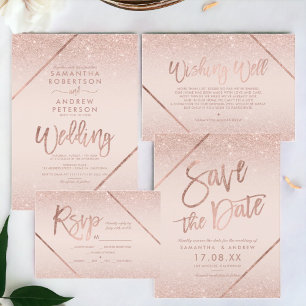 Rose gold glitter script blush pink save the date