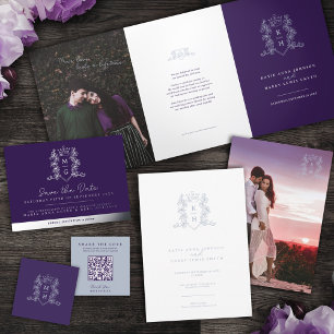 Cartons Réponse Monogramme coeur crête argent blanc violet mariage
