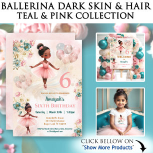 Invitation Rose Turquoise Floral Peau foncée Ballerina Fille 