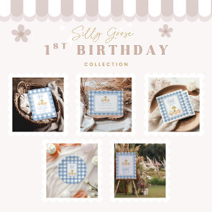  Blauwe Gingham Dwaze Gans 1e Verjaardag Papieren Bordje