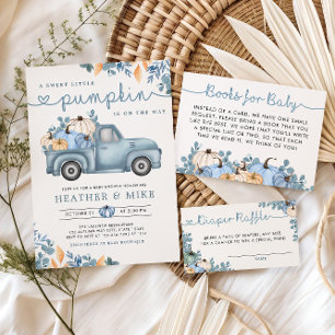 Invitation Baby shower d'automne doux Petit Citrouille bleu