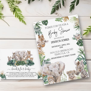 Invitation Jungle Safari Bébé Africain Animaux Feuilles tropi