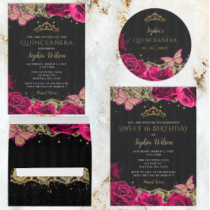 Budget Roses Black Quinceañera Uitnodiging