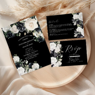 Menu Mariage floral noir et blanc moderne