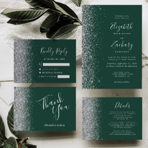 Carte Remerciements de mariage Vert Emeraude Paillettes 
