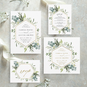Invitation Aquarelle Verdure or Hexagon Mariage Carré