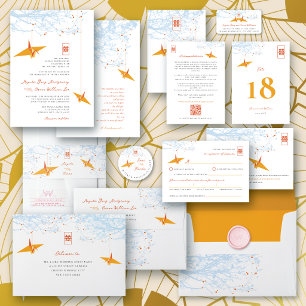 Invitation Grues origami orange suspendus & citation d'amour 