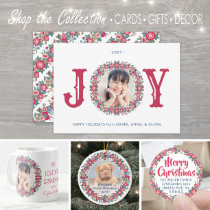 Cartes Pour Fêtes Annuelles Joy Retro Floral Holiday Wreath One Photo Colorée