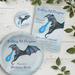 Invitation Blue Fire Respiration Serpent Dragon fête d'annive