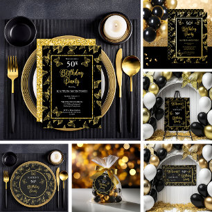 Invitation Elégante Black Gold Butterflies 50e fête d'anniver