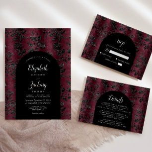Invitation Moody Bourgogne Noir Damas Arc Mariage foncé