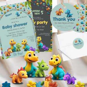 Invitation 3d Dino mignon équipe dinosaure 4e anniversaire In