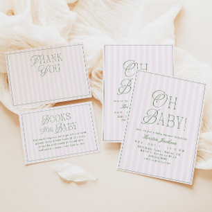 Carte De Remerciements Bain de bébé rayé rose et vert pour fille Prépa