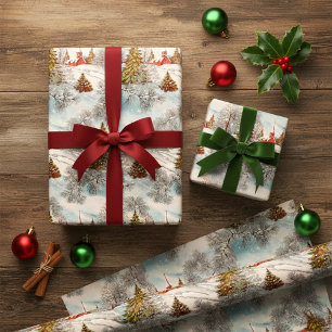 Feuille De Papier Cadeau Village hivernal scintillant de Noël vintage 
