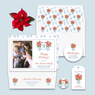 Cartes Pour Fêtes Annuelles Chinoiserie Chic Poinsettia Famille Photo Noël