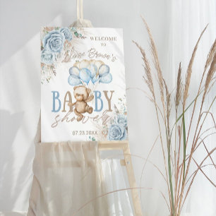 Invitation Teddy Bear Blue Floral Pampas Grass Baby shower