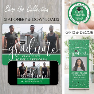 Faire-part Script moderne vert et blanc 4 photo Graduation