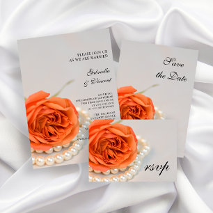 Carte RSVP de mariage Rose orange et perles blanch
