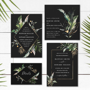 Invitation Foliage tropical sauvage Aquarelle Mariage Noir