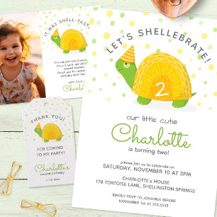 Invitation Tortue, jaune vert, anniversaire d'enfant