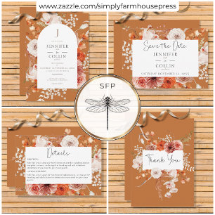 Save The Date Boho Burange Chute Orange Arc Floral Monogramme Ro