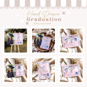 Faire-part Photo Retro Hand Drawn Pink and Blue Graduation