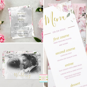 Invitation Photo x 2 Floral Mariage blanc rose or