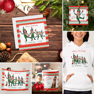 Cartes Pour Fêtes Annuelles Funny Elf Famille de quatre Photo Rouge Vert Noël