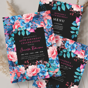 Aquarelle Floral 40th Birthday Programme Menu Noir
